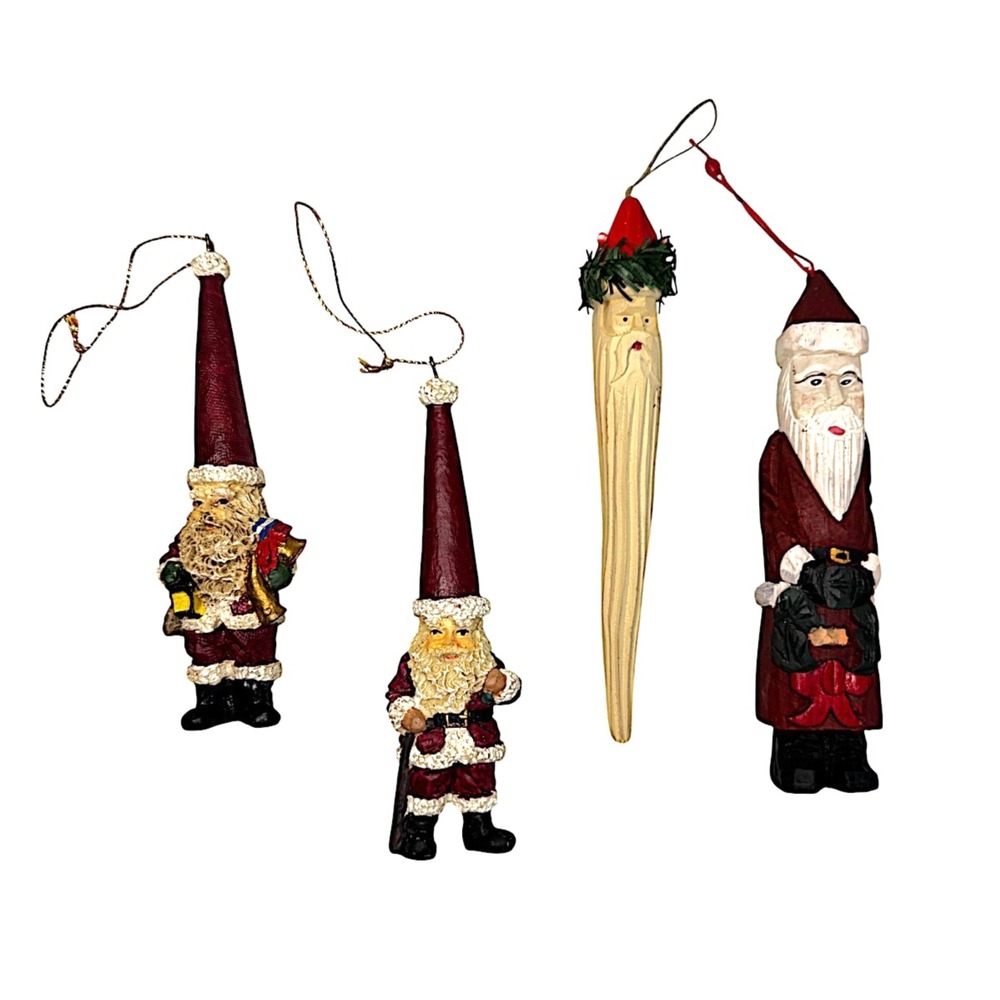 Vintage Santa Christmas Stick‎ Hanging Ornaments Set Of 4 Holiday Santas
